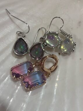 Lot of Three Rainbow Pink-Blue  Yellow Gradient Glass Drop Earrings -